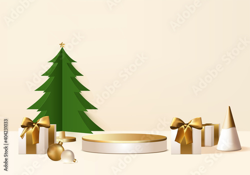 New Years minimal render scene 3d with green tree and podium platform. Christmas tree background vector 3d rendering with gold podium. stand to show product. Stage showcase on pedestal christmas gold