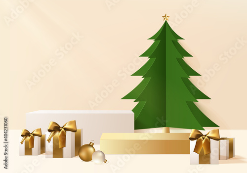 New Years minimal render scene 3d with green tree and podium platform. Christmas tree background vector 3d rendering with gold podium. stand to show product. Stage showcase on pedestal christmas gold