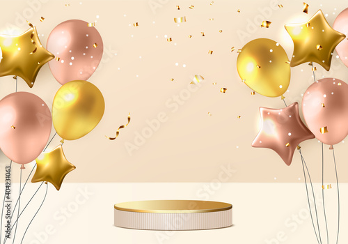 Christmas minimal rendered scene 3d with gift box and podium platform. Christmas ribbon background vector 3d rendering with gold podium. stand to show product. Stage showcase in gold background