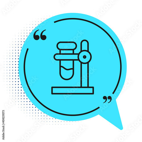 Black line Glass test tube flask on stand icon isolated on white background. Laboratory equipment. Blue speech bubble symbol. Vector.