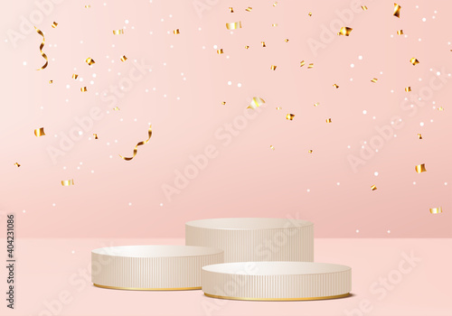 merry christmas and happy new year 2021 rendered scene 3d with balloon and podium platform. Christmas ribbon balloon on pink background 3d rendering with gold podium. Christmas 3d stand show product