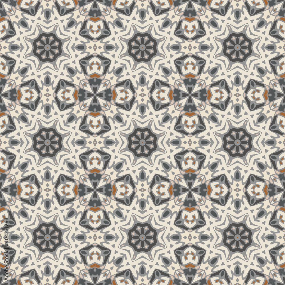 Creative trendy color abstract geometric mandala pattern in gray black orange, vector seamless, can be used for printing onto fabric, interior, design, textile. Home decor, interior design. 