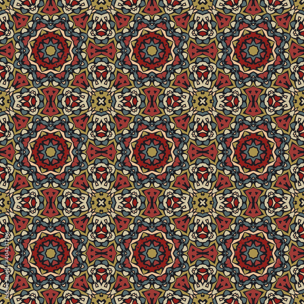 Creative trendy color abstract geometric mandala pattern in red gold blue , vector seamless, can be used for printing onto fabric, interior, design, textile. Home decor, interior design, tile design. 