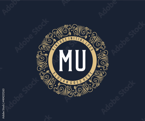 Initial MU Antique retro luxury victorian calligraphic emblem logo with ornamental frame.