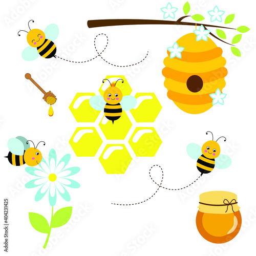 cute bees, honeycomb, honey vector clipart