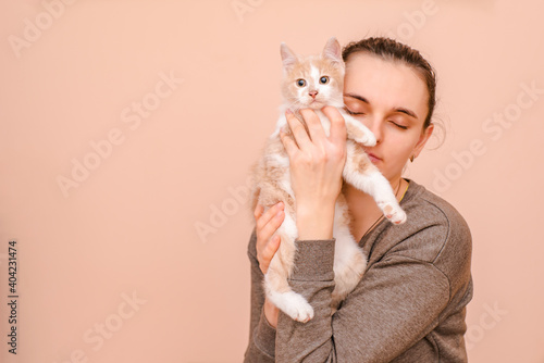 little kitten in the hands of a girl. favorite animal. Love for pets.
