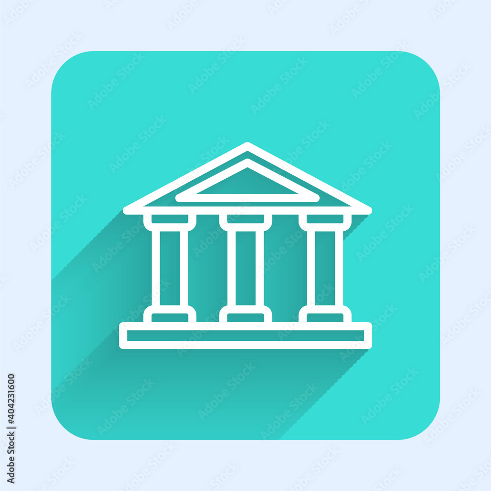 White line Courthouse building icon isolated with long shadow. Building bank or museum. Green square button. Vector. White line Courthouse building icon isolated with long shadow. Building bank or museum. Green square button. Vector.
