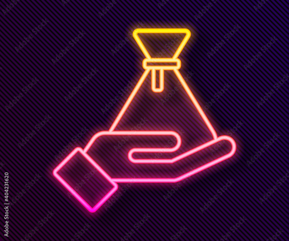Glowing neon line Bribe money bag icon isolated on black background. Bill currency. Vector. Glowing neon line Bribe money bag icon isolated on black background. Bill currency. Vector.
