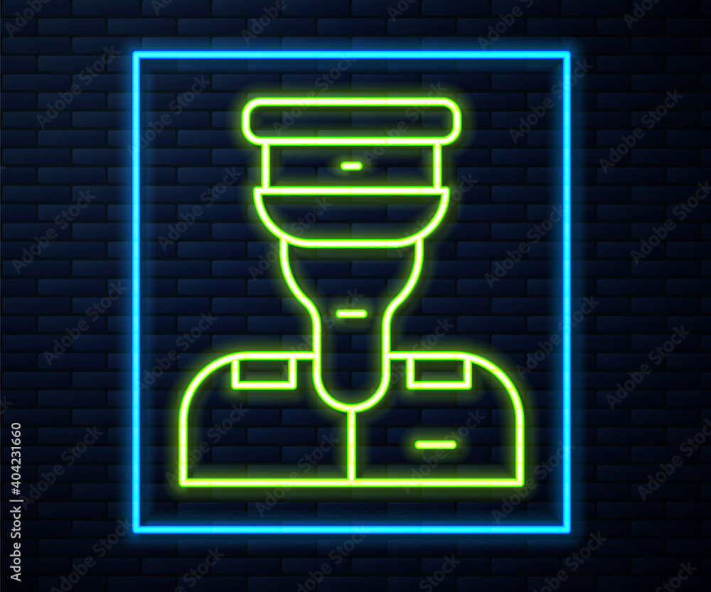 Glowing neon line Train conductor icon isolated on brick wall background. Vector. Glowing neon line Train conductor icon isolated on brick wall background. Vector.