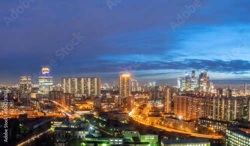  The panoramic view of the big city lights. Amazing view of twilight and sunset horizon. © alhim