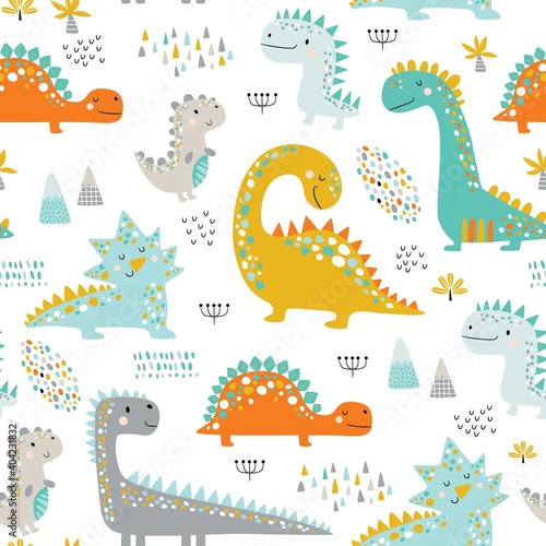 Cute funny kids dinosaurs pattern. Colorful dinosaurs vector background. Creative kids texture for fabric  wrapping  textile  wallpaper  apparel. Vector illustration