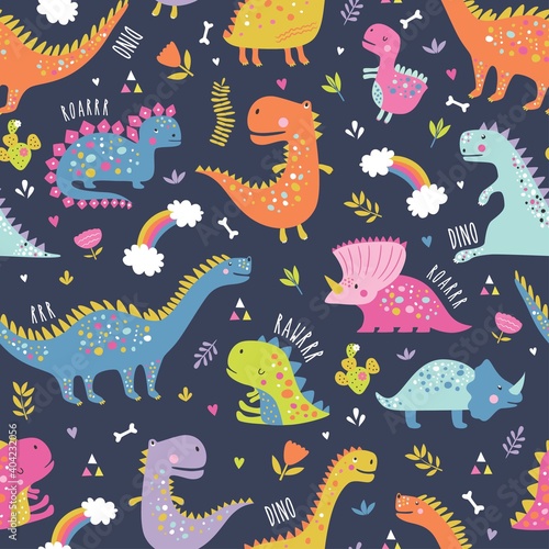 Cute funny kids dinosaurs pattern. Colorful dinosaurs vector background. Creative kids texture for fabric, wrapping, textile, wallpaper, apparel. Vector illustration