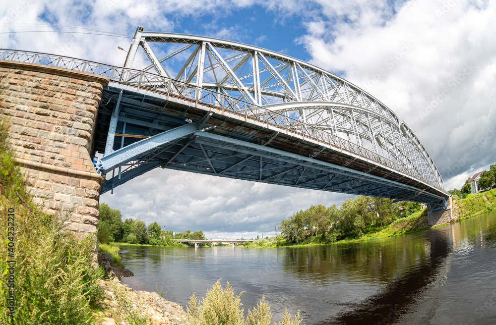 Fisheye view on the first in Russia steel arch bridge across the Msta river Fisheye view on the first in Russia steel arch bridge across the Msta river