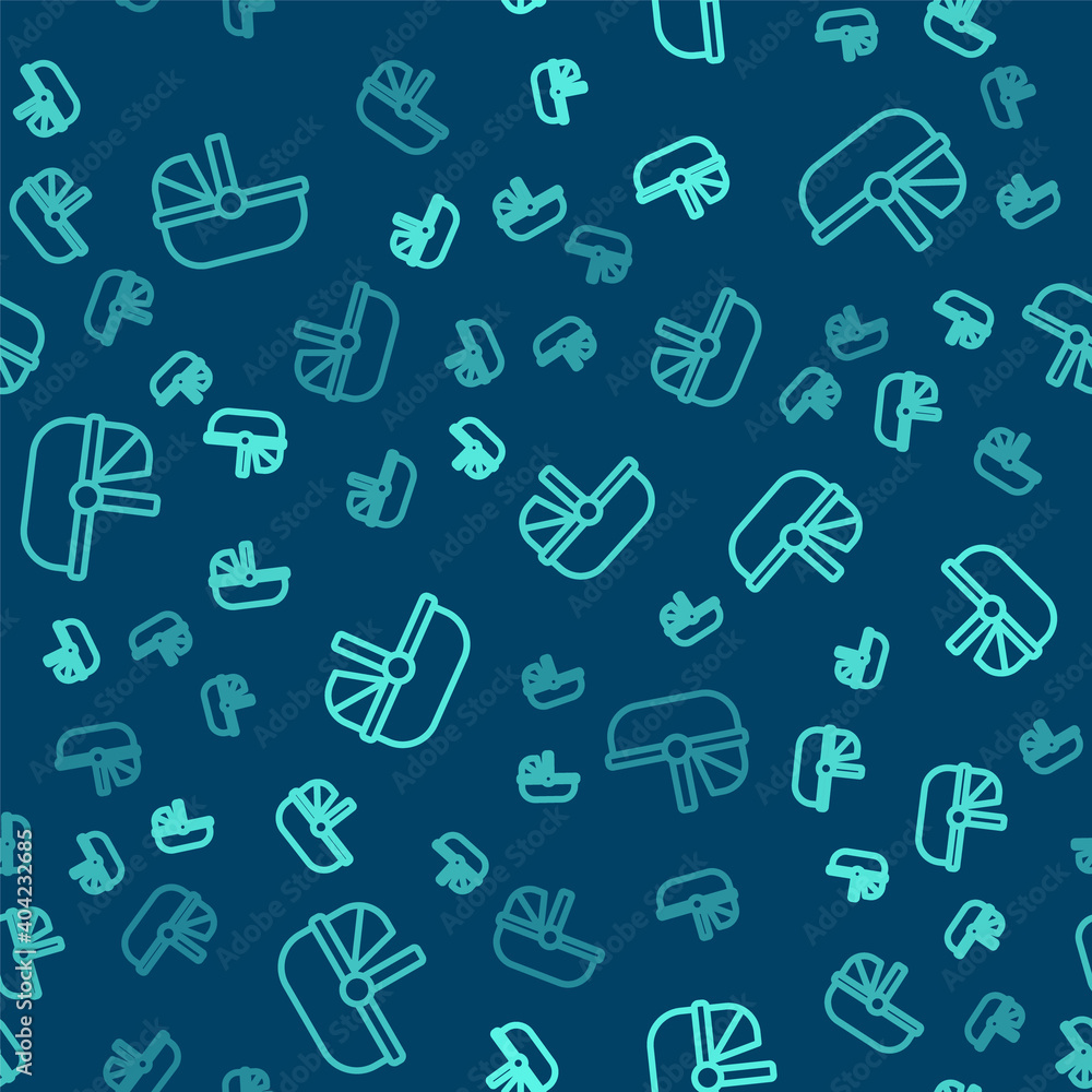 Green line Baby stroller icon isolated seamless pattern on blue background. Baby carriage, buggy, pram, stroller, wheel. Vector. Green line Baby stroller icon isolated seamless pattern on blue background. Baby carriage, buggy, pram, stroller, wheel. Vector.