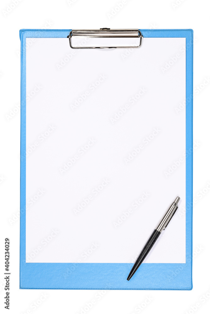 Light blue clipboard with empty white paper sheet for design and text and black pen Closeup photo with copy space isolated on white background. Light blue clipboard with empty white paper sheet for design and text and black pen Closeup photo with copy space isolated on white background.