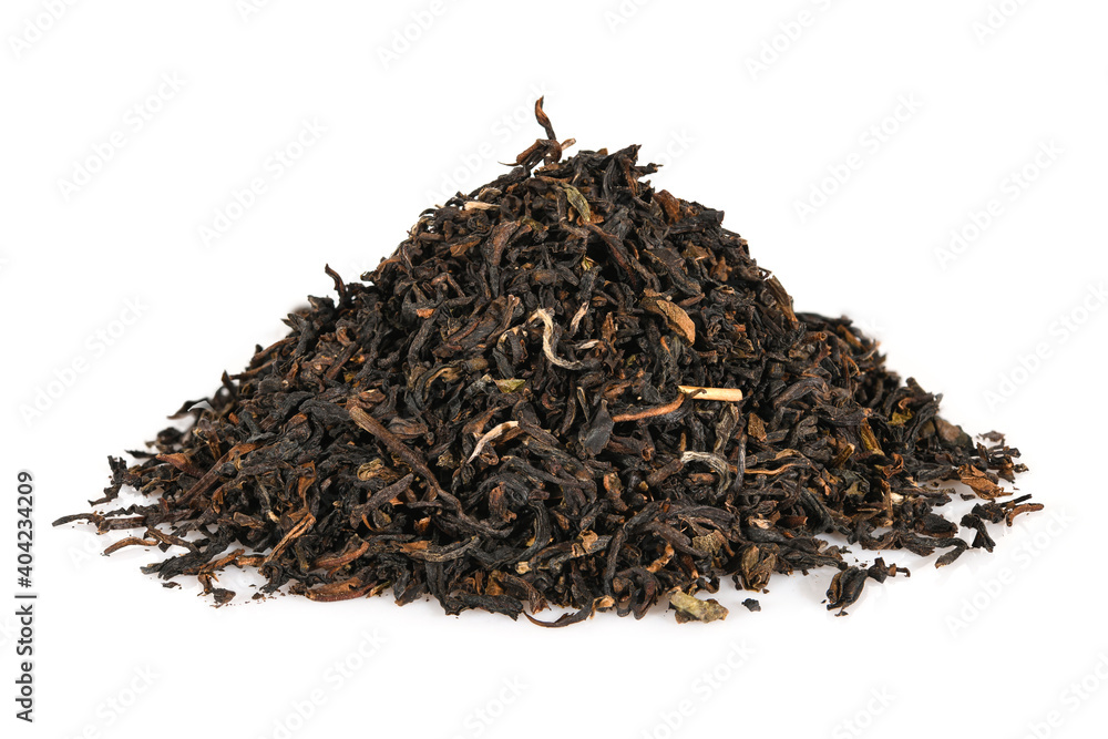 Black loose indian dry tea from Assam. Close-up macro high resolution isolated on white background top view. Black loose indian dry tea from Assam. Close-up macro high resolution isolated on white background top view.