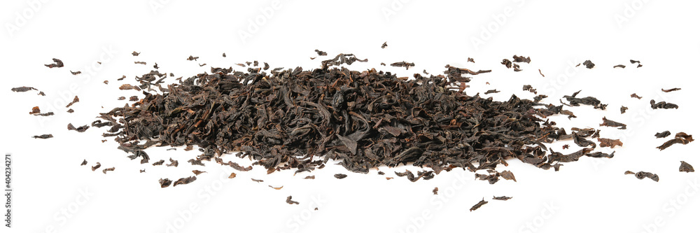 Loose dry black tea from Darjeling, India. Closeup macro isolated on white background. High resolution banner size, full depth of field. Loose dry black tea from Darjeling, India. Closeup macro isolated on white background. High resolution banner size, full depth of field.