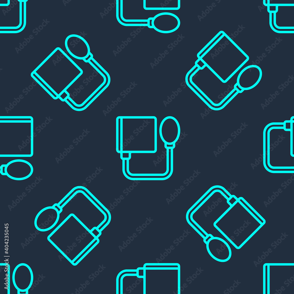 Green line Blood pressure icon isolated seamless pattern on blue background. Vector. Green line Blood pressure icon isolated seamless pattern on blue background. Vector.