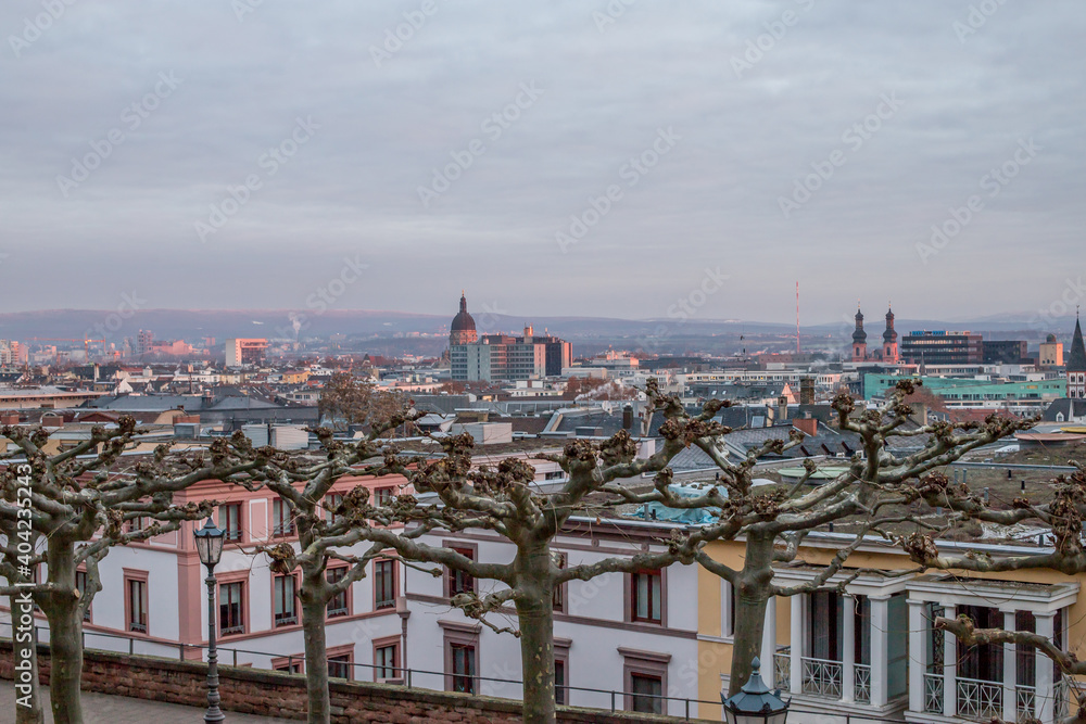 Blick vom Kästrich aus über die Dächer von Mainz am frühen Morgen im Sonnenaufgang