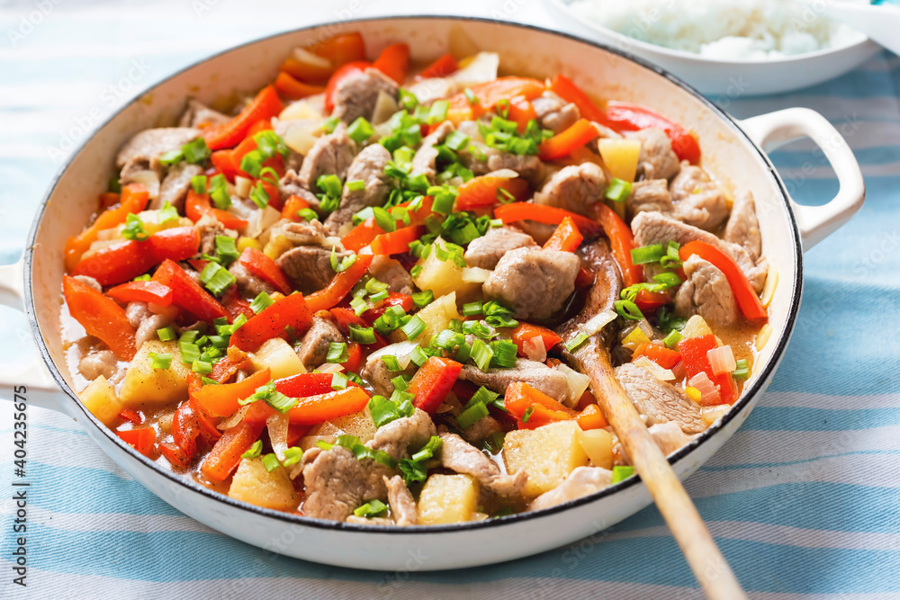 Sweet and sour Chinese chicken with pineapple, red pepper, chives Sweet and sour Chinese chicken with pineapple, red pepper, chives