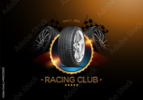 Racing club badge. Vector illustration  for print or web. Auto car logo. Automotive team sport badge emblem. Tire wheel garage and service shop. Racing flag. Sports background. Drift street racing.