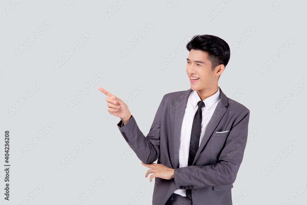 Portrait young asian business man pointing and presenting isolated on white background, advertising and marketing, executive and manager, male confident showing success, expression and emotion. Portrait young asian business man pointing and presenting isolated on white background, advertising and marketing, executive and manager, male confident showing success, expression and emotion.