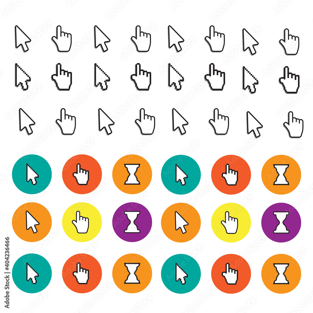 Pixel Mouse Cursors pointer. Arrow and wait vetor. Click mouse computer cursor Pixel Mouse Cursors pointer. Arrow and wait vetor. Click mouse computer cursor