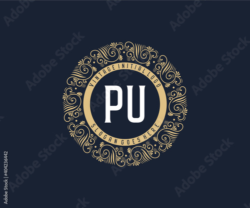 Initial PU Antique retro luxury victorian calligraphic emblem logo with ornamental frame.