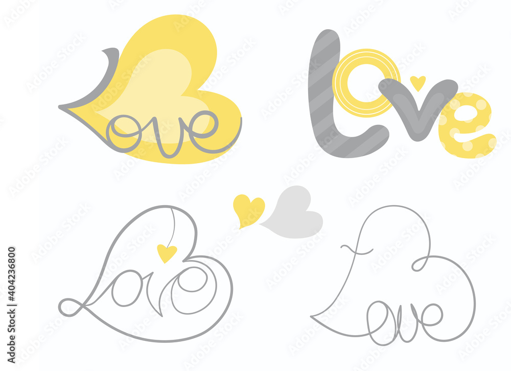 Vector illustration lettering words love. word set combinations for Valentine's Day. Trend colors yellow and gray.