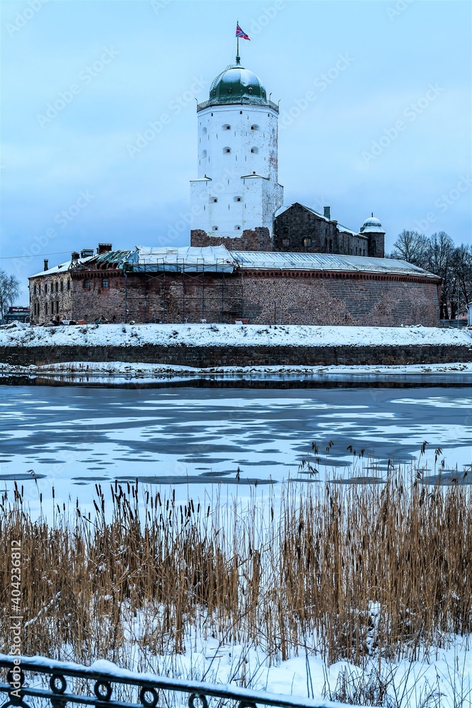 Russia, Vyborg, January 2021. Vyborg castle against the background of the winter sky.