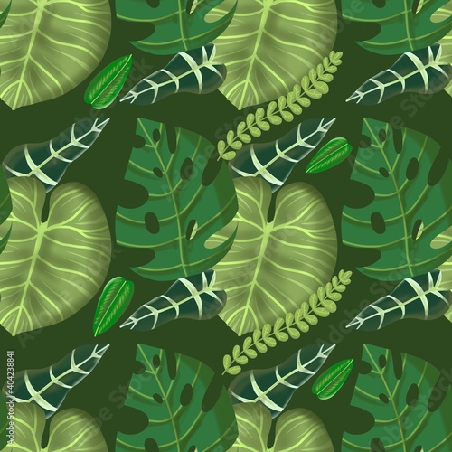 Seamless hand drawn botanical exotic pattern with green palm leaves on dark background.