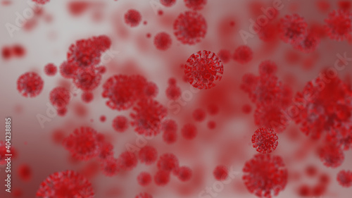 The realistic red virus model and blood cell Coronavirus, COVID-19 medical animation. Coronaviruses influenza as dangerous flu strain cases as a pandemic. Microscope virus close up. 3d rendering.