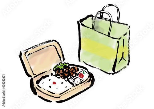 持ち帰り用の紙袋とお弁当の手描きイラスト素材　ベクター