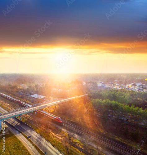 top view of a moving train during sunset