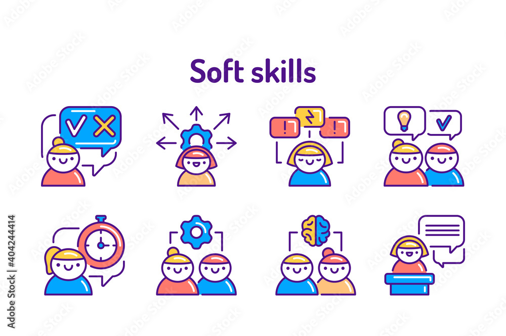 Fototapeta premium Soft skills color line icons set. Pictograms for web, mobile app, promo. UI UX design element.