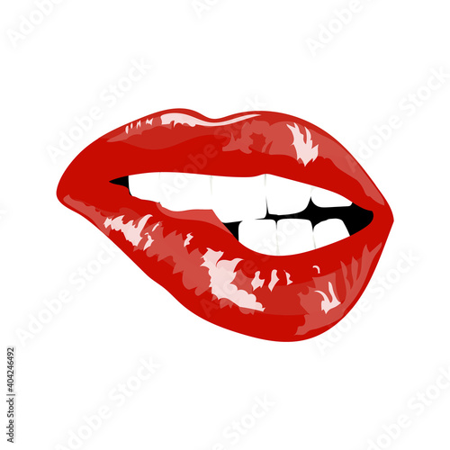 Red sexy lips poster. Girl bites her lip teeth. Pop art. Card for Valentines Day. Hand drawing. Vector illustration.