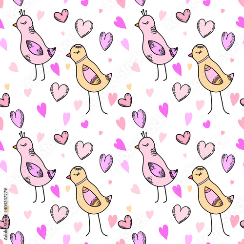 Seamless pattern with birds and hearts