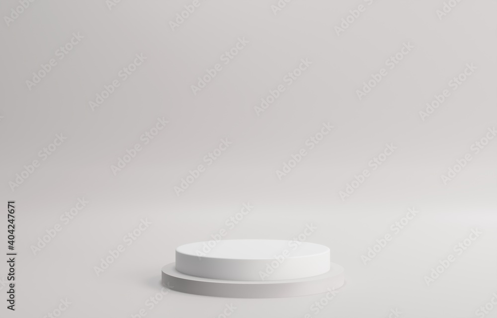 Podium, exhibition round pedestal - 3d render illustration. Stand for cosmetic products. Geometric - architectural composition. Gray white base podium. Podium, exhibition round pedestal - 3d render illustration. Stand for cosmetic products. Geometric - architectural composition. Gray white base podium.