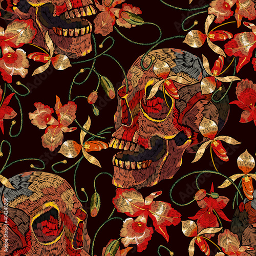 Embroidery human skull and orchid flowers. Dark gothic seamless pattern. Tropical concept. Medieval style. Fashion clothes template and t-shirt design