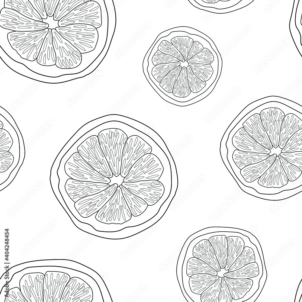 Outlines lemon slices on a white background. Vector seamless pattern. Healthy food. Outlines lemon slices on a white background. Vector seamless pattern. Healthy food.