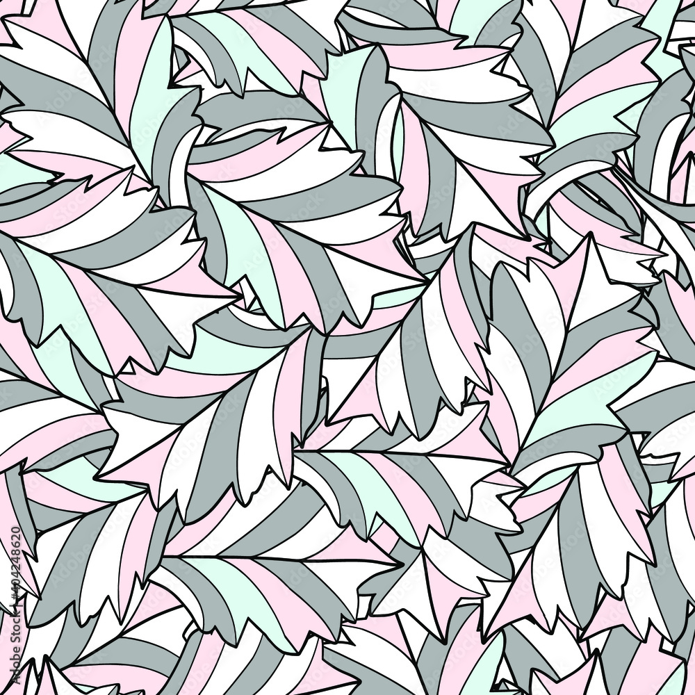 Fototapeta premium Abstract leaves. Vector seamless camouflage pattern. Pink, grey, white, blue stripes. Design for cloth, print, wrapping.