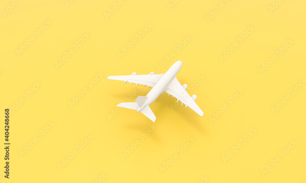 White plane on yellow background. Travel by plane vacation summer weekend sea adventure trip journey ticket tour concept. White plane on yellow background. Travel by plane vacation summer weekend sea adventure trip journey ticket tour concept.