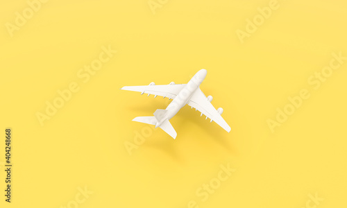 White plane on yellow background. Travel by plane vacation summer weekend sea adventure trip journey ticket tour concept.