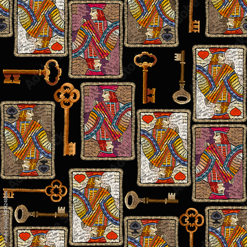 Embroidery playing cards and golden vintage keys, seamless pattern. Romantic template clothes, t-shirt design, textile design. Jacks, poker art. Symbol of casino gamblings