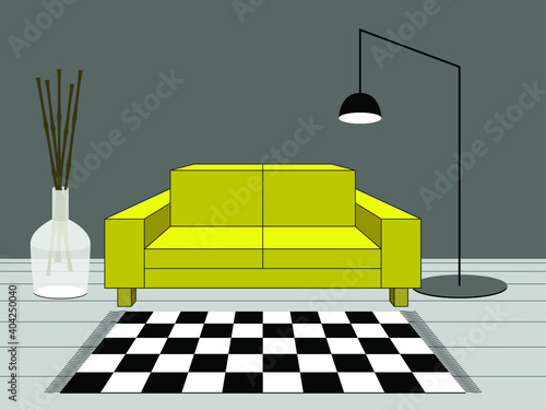 Vector illustration-modern interior-living room with a bright yellow sofa and a lamp with a vase on the background of a gray wall and a carpet in a black and white check in the style of minimalism.