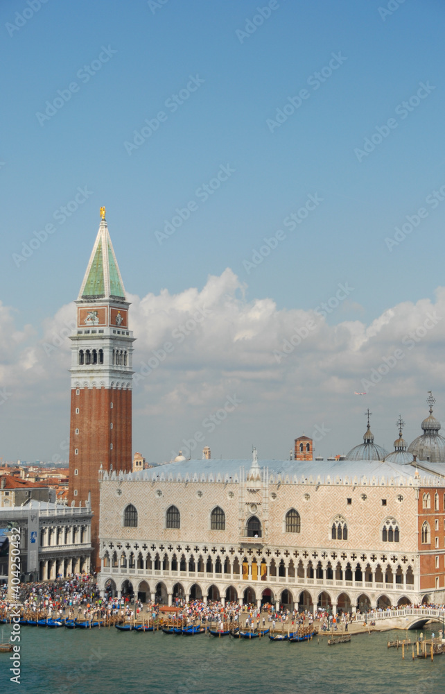Panoramic view Dodge Palace and Bell Tower on San Marco square Venice