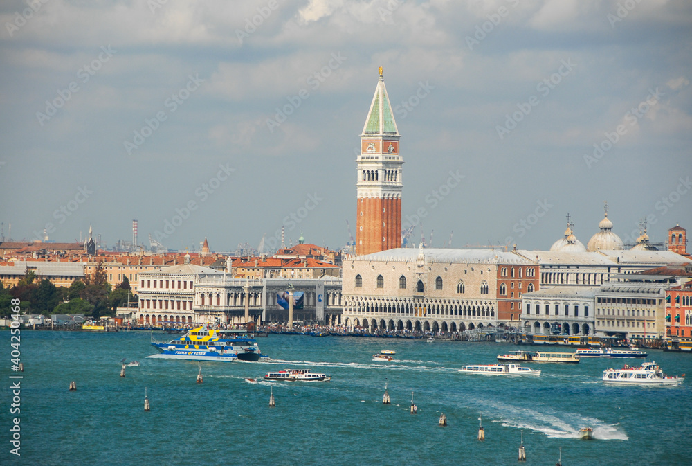 Panoramic view Dodge Palace and Bell Tower (Campanile) on San Marco square Venice