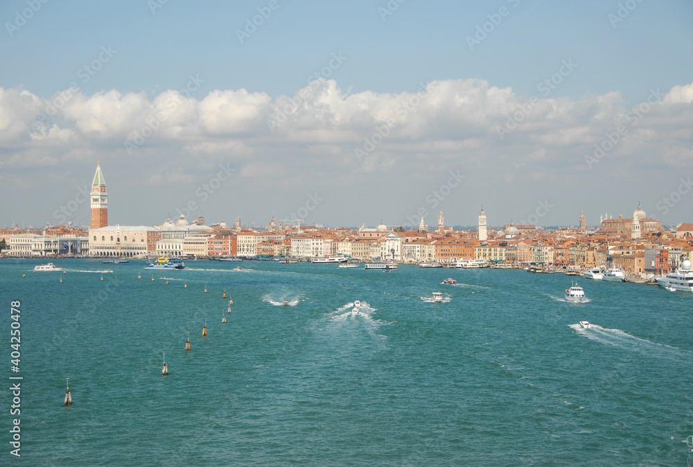 Panoramic view of Venice with Bacino of St Mark with Bell Tower (Campanile)