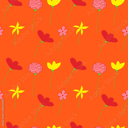 Seamless pattern flowers, vector illustration, red, yellow, pink and green colors, orange background