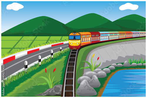 the train on paddy field at countryside vector design